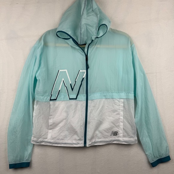 New Balance Running Windbreaker Jacket Womens Small Aqua White Full Zip Hooded - Picture 1 of 9